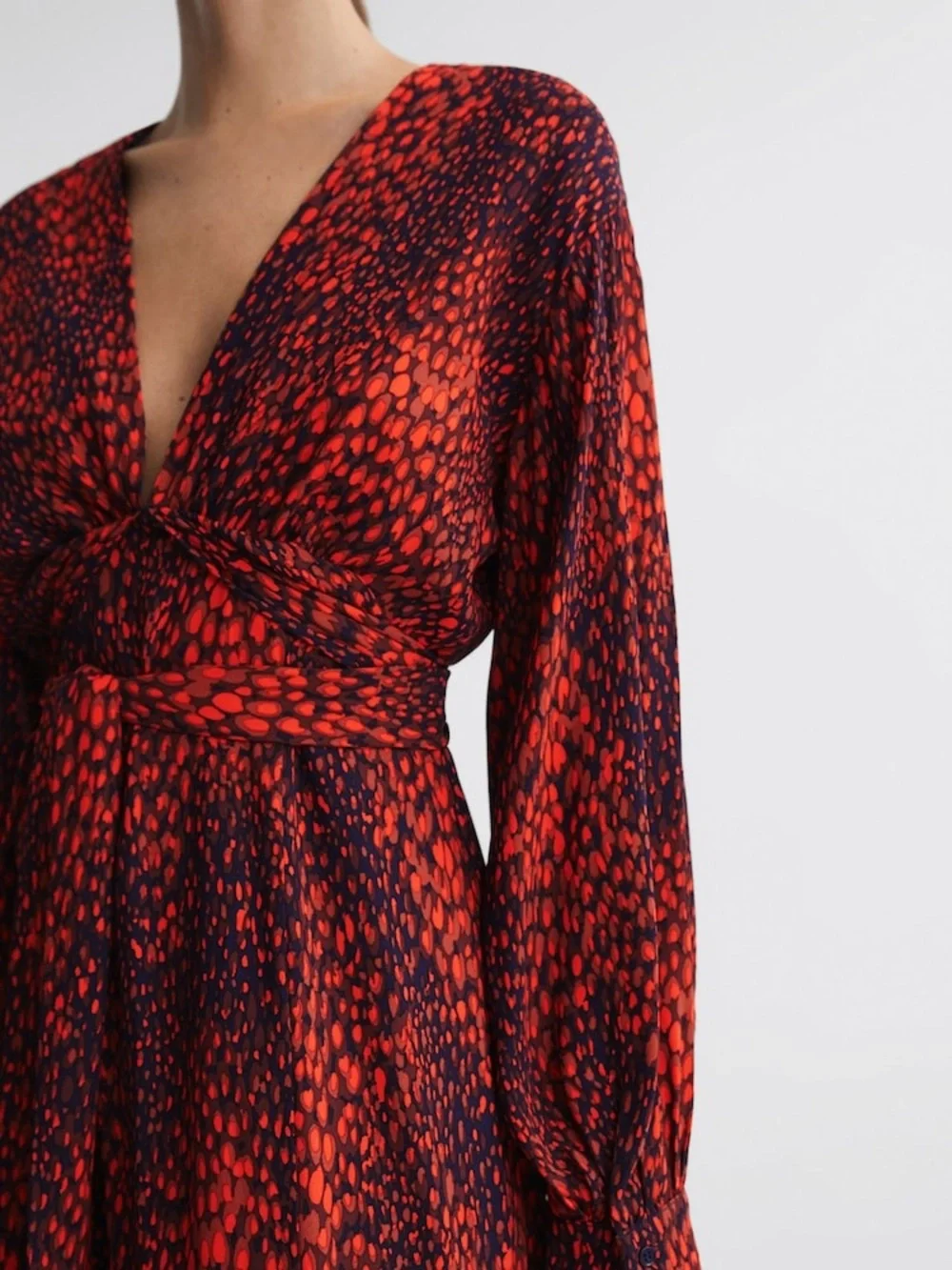 Reiss Sz 2 Maya Red Blue Printed Abstract Tie Waist Midi Dress - Picture 3 of 14